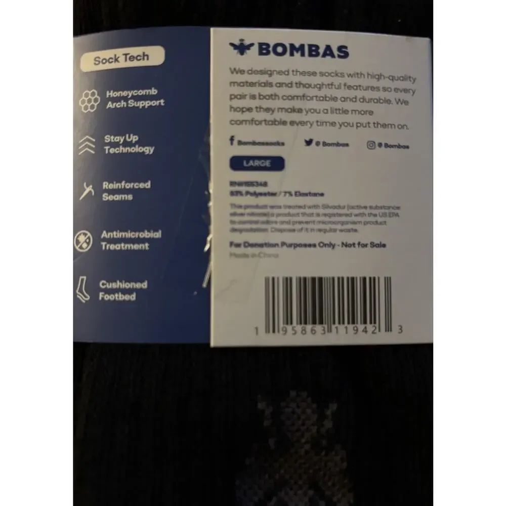Bombas Mid-Calf Crew Socks Mens/Women Unisex Large Black 2 Pack New